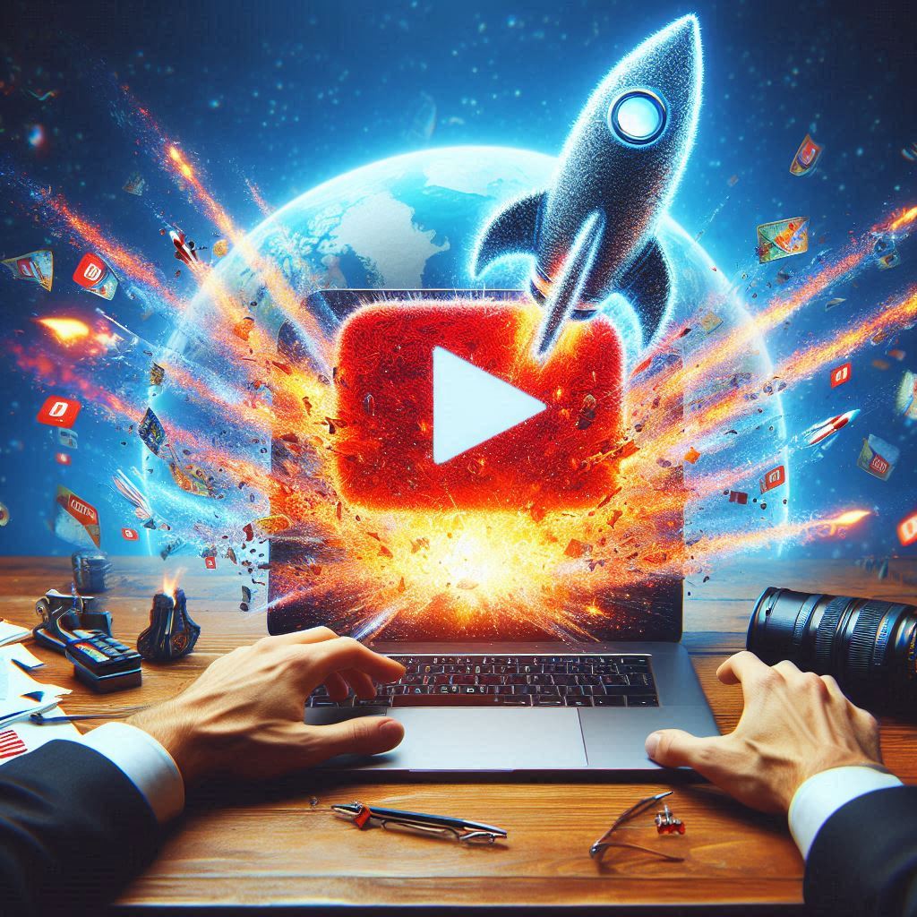 Computer with YouTube logo and a rocket coming out of it